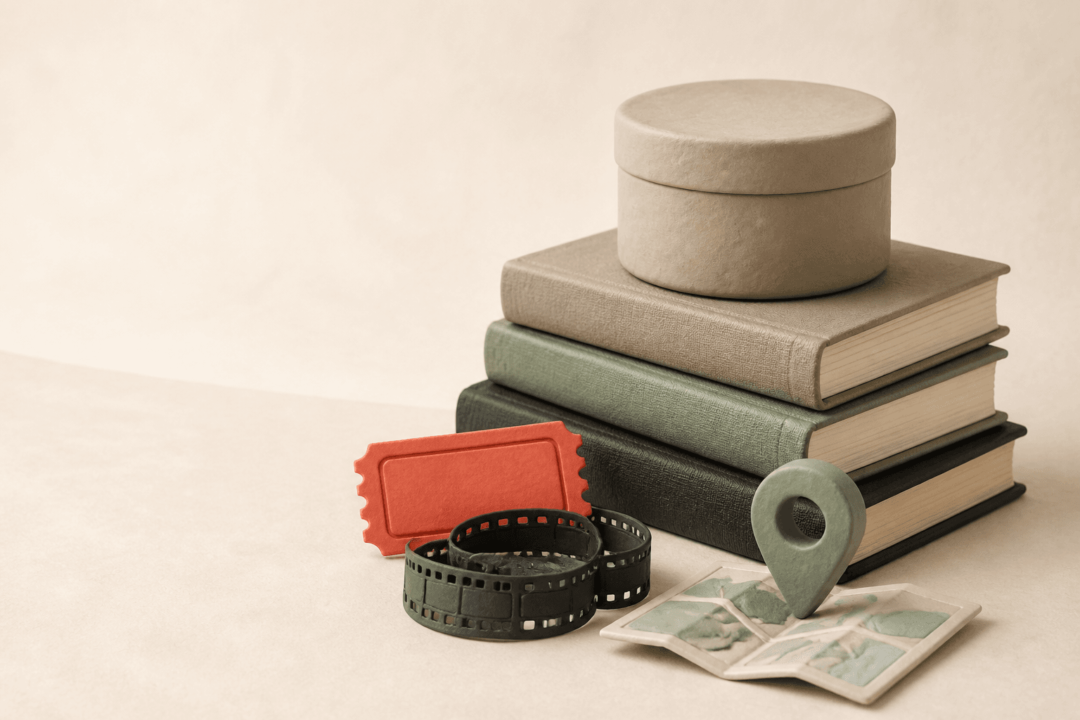 A sculptural stack of books with a cinema ticket, film strip, map, and location marker